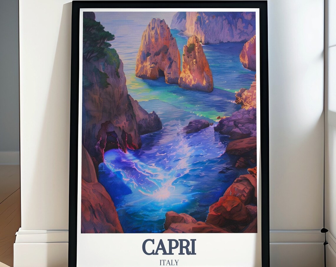 Capri Italy Faraglioni Rocks Dusk Turquoise Sea Travel Poster