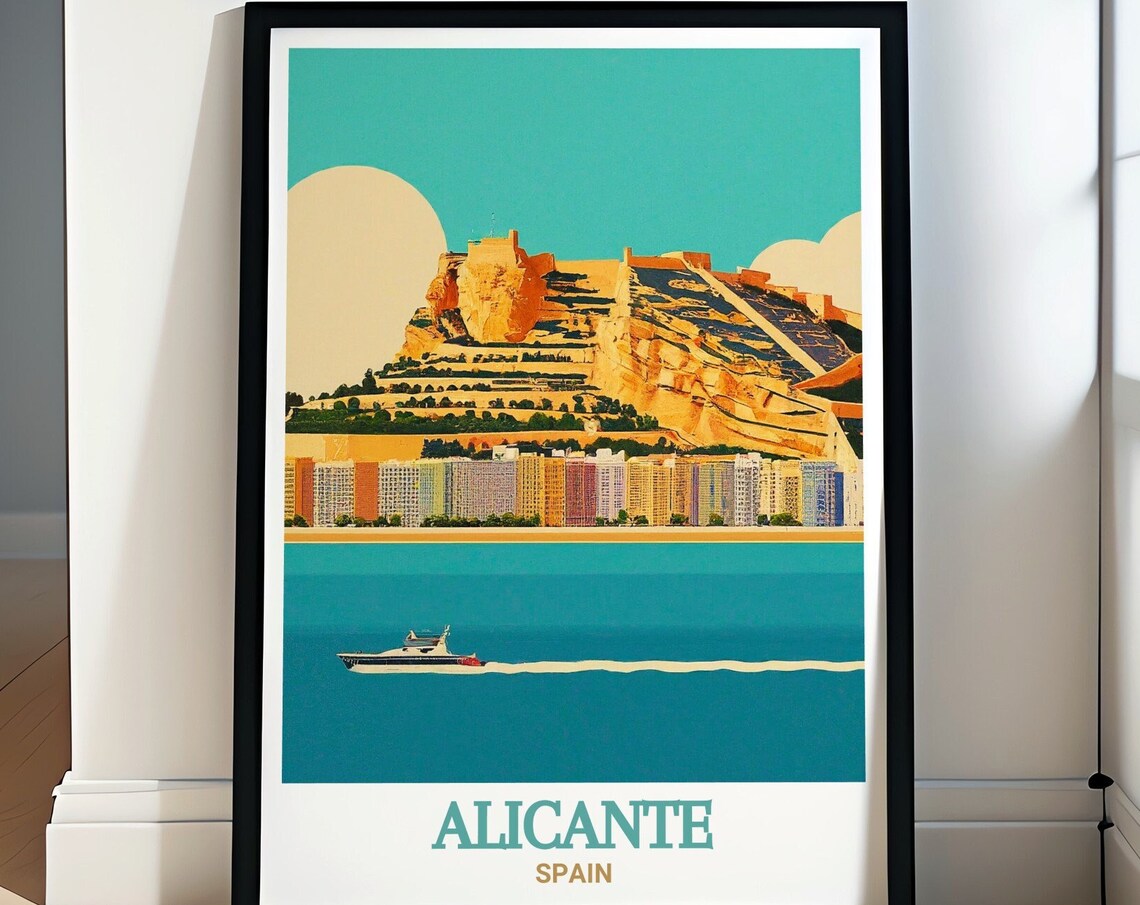 Alicante Santa Barbara Castle Yacht Teal Sun Spain Harbor Poster