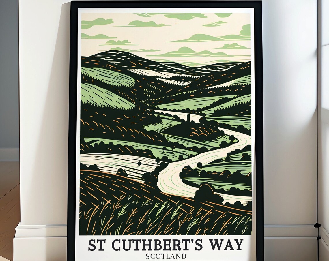 St Cuthbert's Way River Tweed Valley Woodcut Scotland Poster
