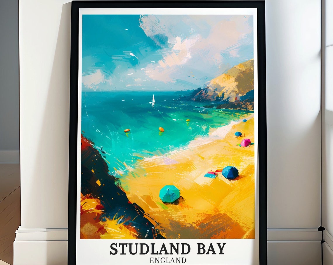 Studland Bay Golden Beach Umbrellas and Sailboats Travel Poster