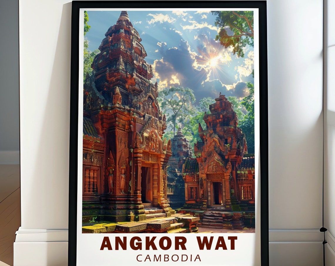 Angkor Pink Sandstone Temple Towers Sunlight Cambodia Travel Poster
