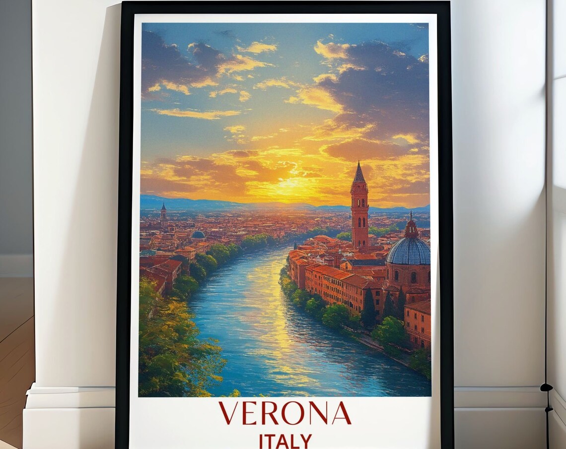 Verona Italy Adige River Sunset Golden Evening Cityscape Poster