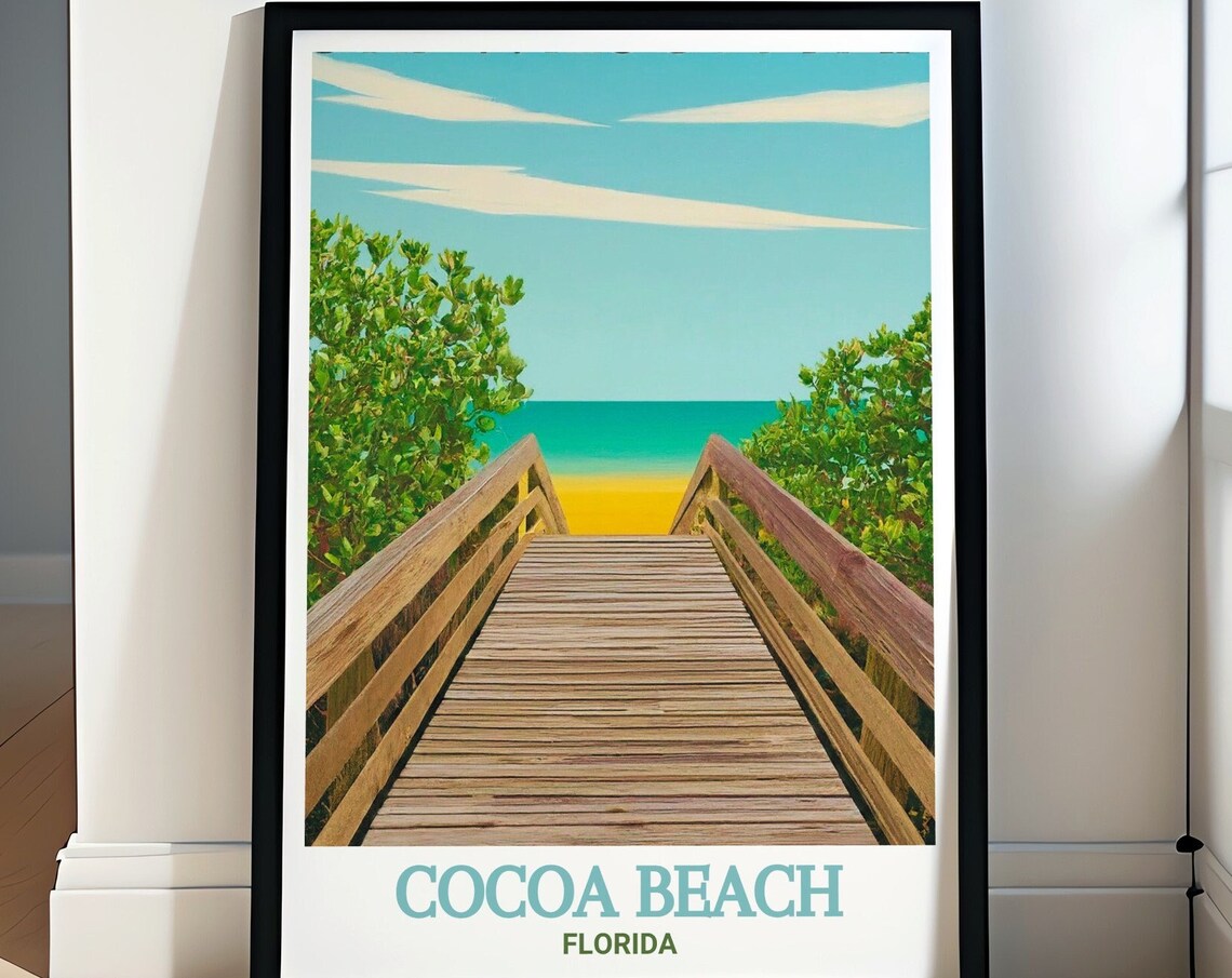 Cocoa Beach Florida Boardwalk Over Dunes Ocean View Travel Poster