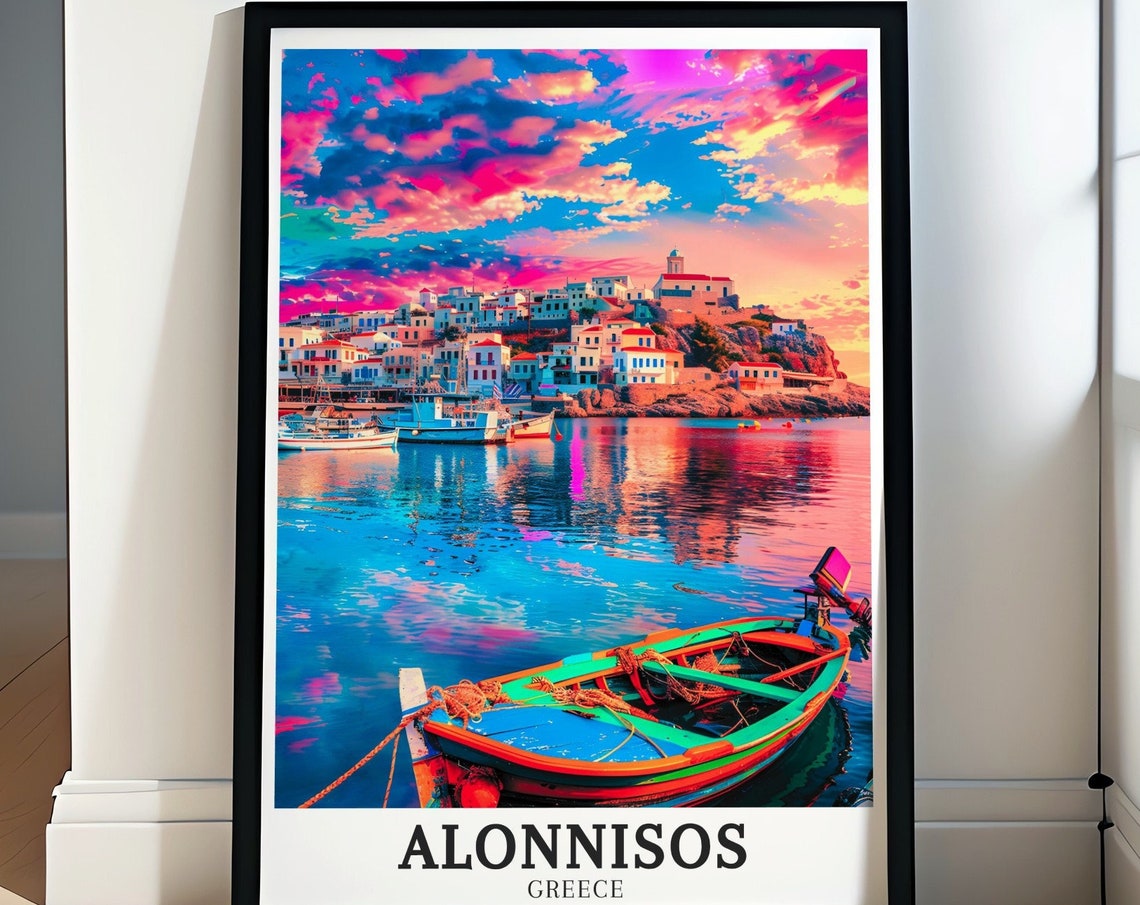 Alonnisos Harbor at Sunset with Colorful Boats Greece Travel Poster