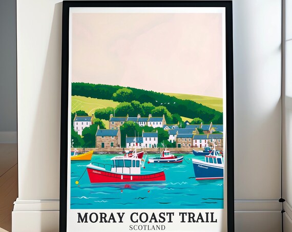 Moray Coast Trail Scotland Harbor Colorful Fishing Boats Travel Poster