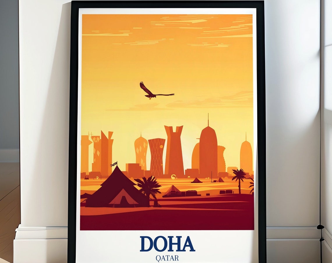 Doha Desert Bedouin Camp Sunset with Falcon and Skyline Poster