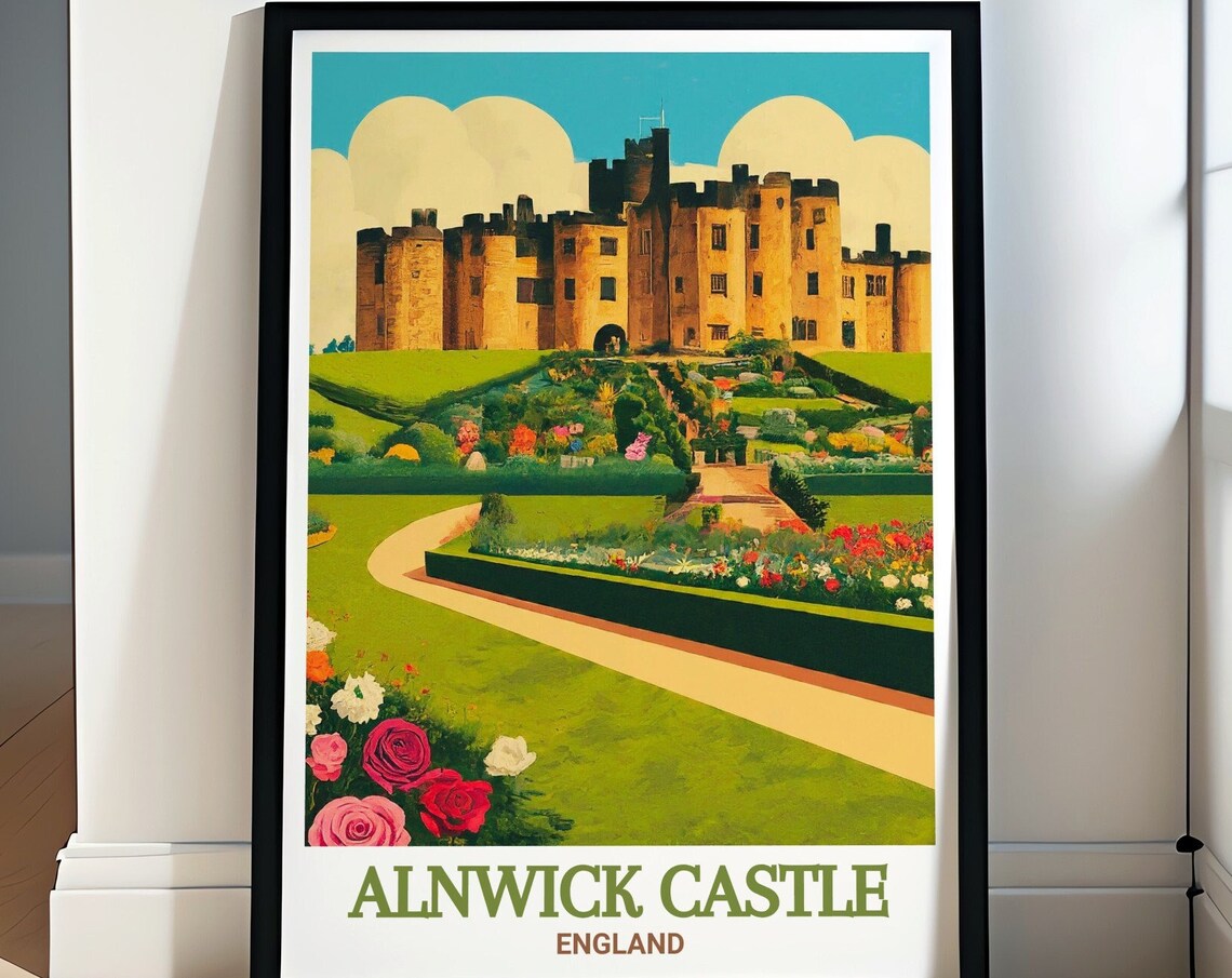 Alnwick Castle England Vintage Gardens and Castle View Travel Poster