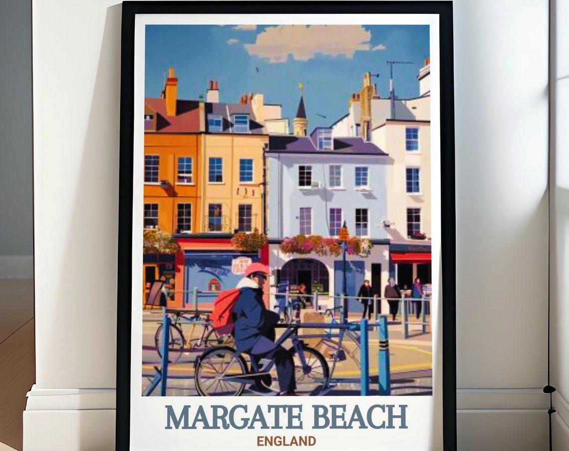Margate Beach England Old Town Colorful Street Cyclist Art Poster