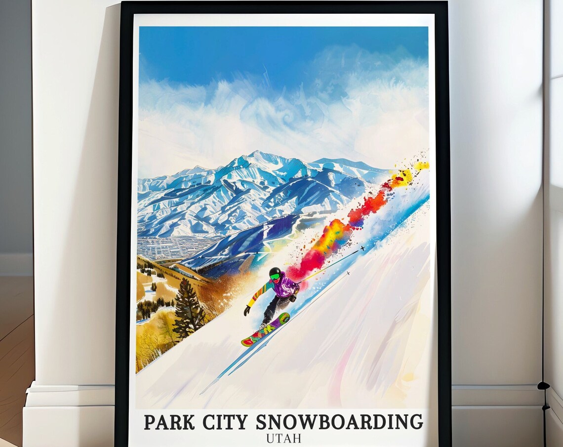 Park City Snowboarding Utah Rainbow Spray Carve Watercolor Poster