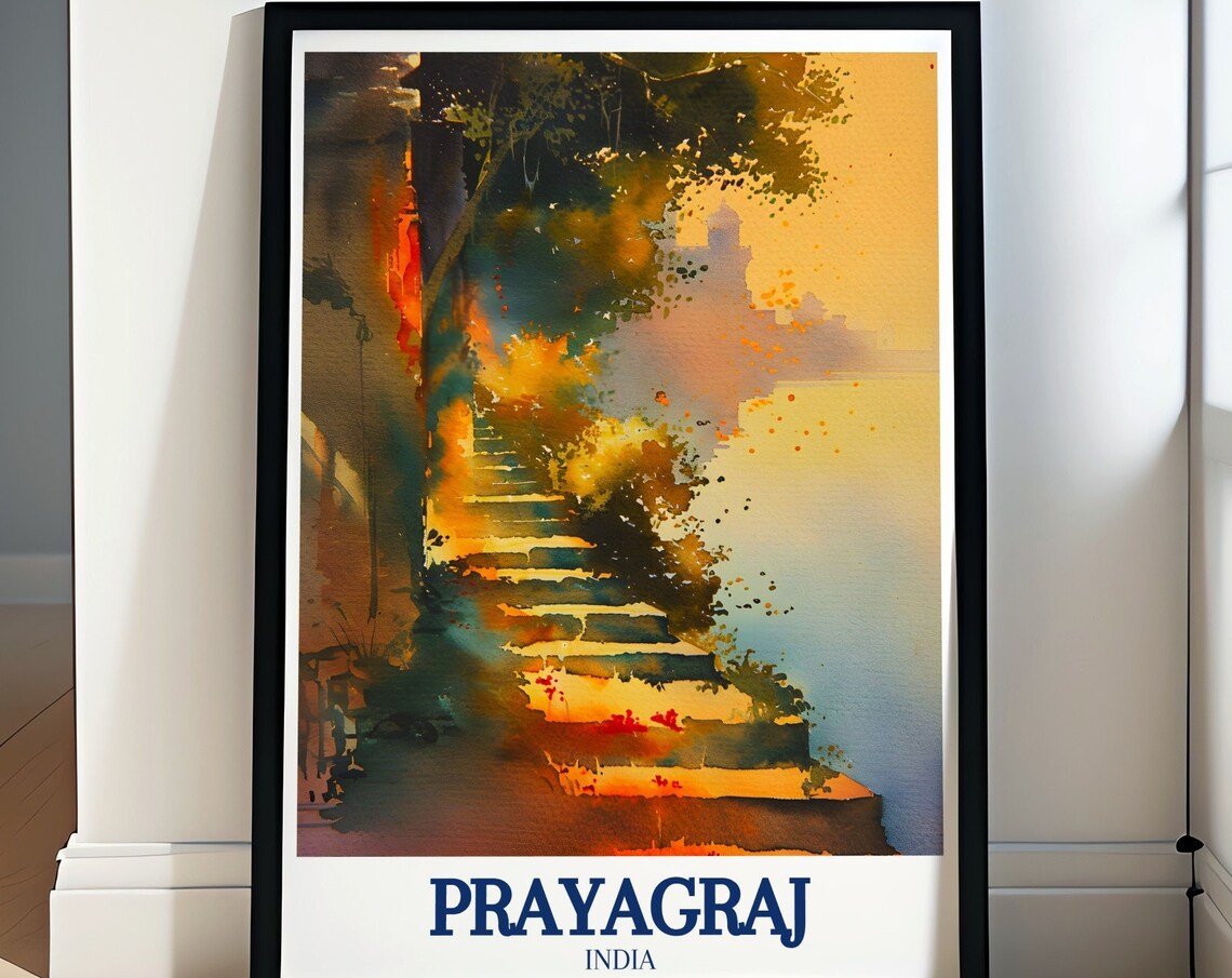 Prayagraj India Golden Watercolor Temple Staircase River Poster