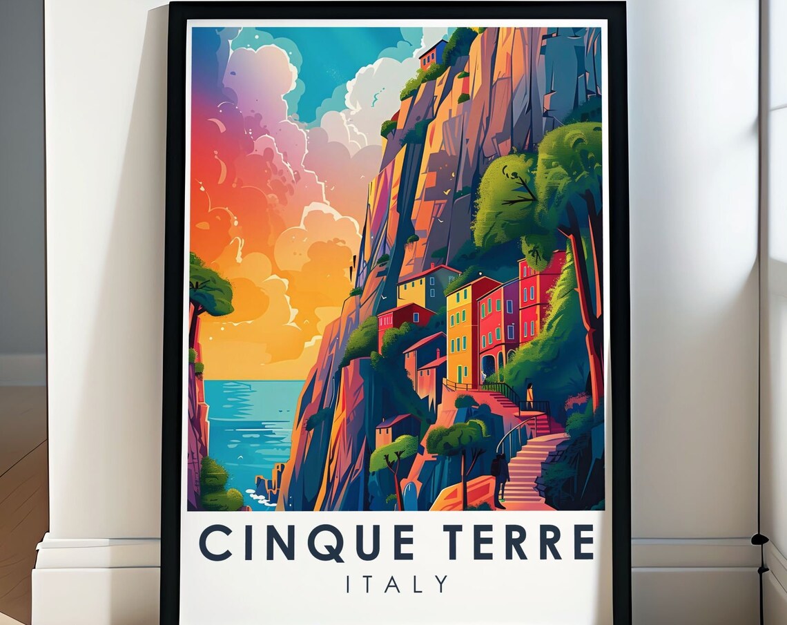 Cinque Terre Italy Sunset Canyon Hillside Village Scenic Poster