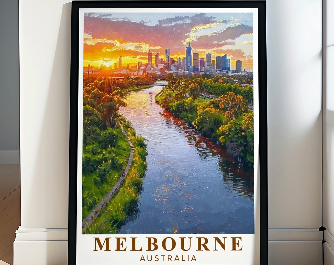 Melbourne Australia Yarra River City Skyline Sunset Travel Poster