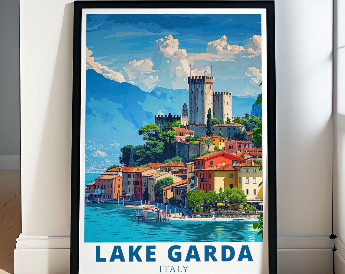Lake Garda Malcesine Castle Colorful Lakeside Italy Travel Poster