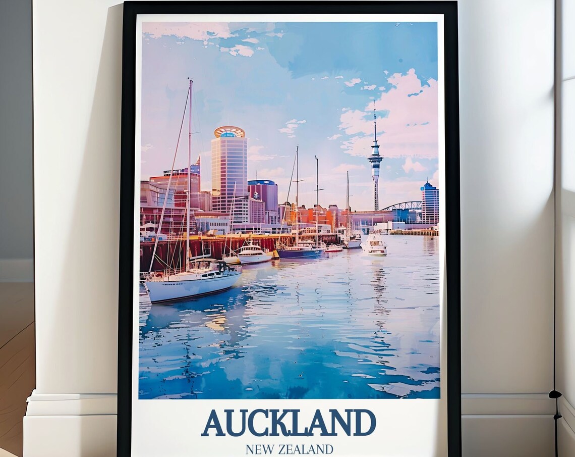 Auckland New Zealand Viaduct Harbour Poster With Sailboats At Dusk
