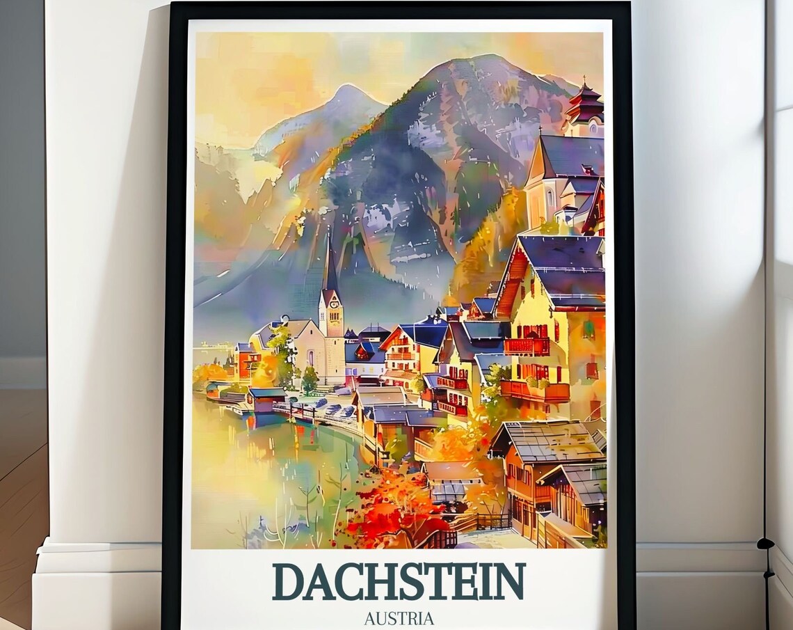 Dachstein Lakeside Alpine Village Autumn Hues Austria Travel Poster