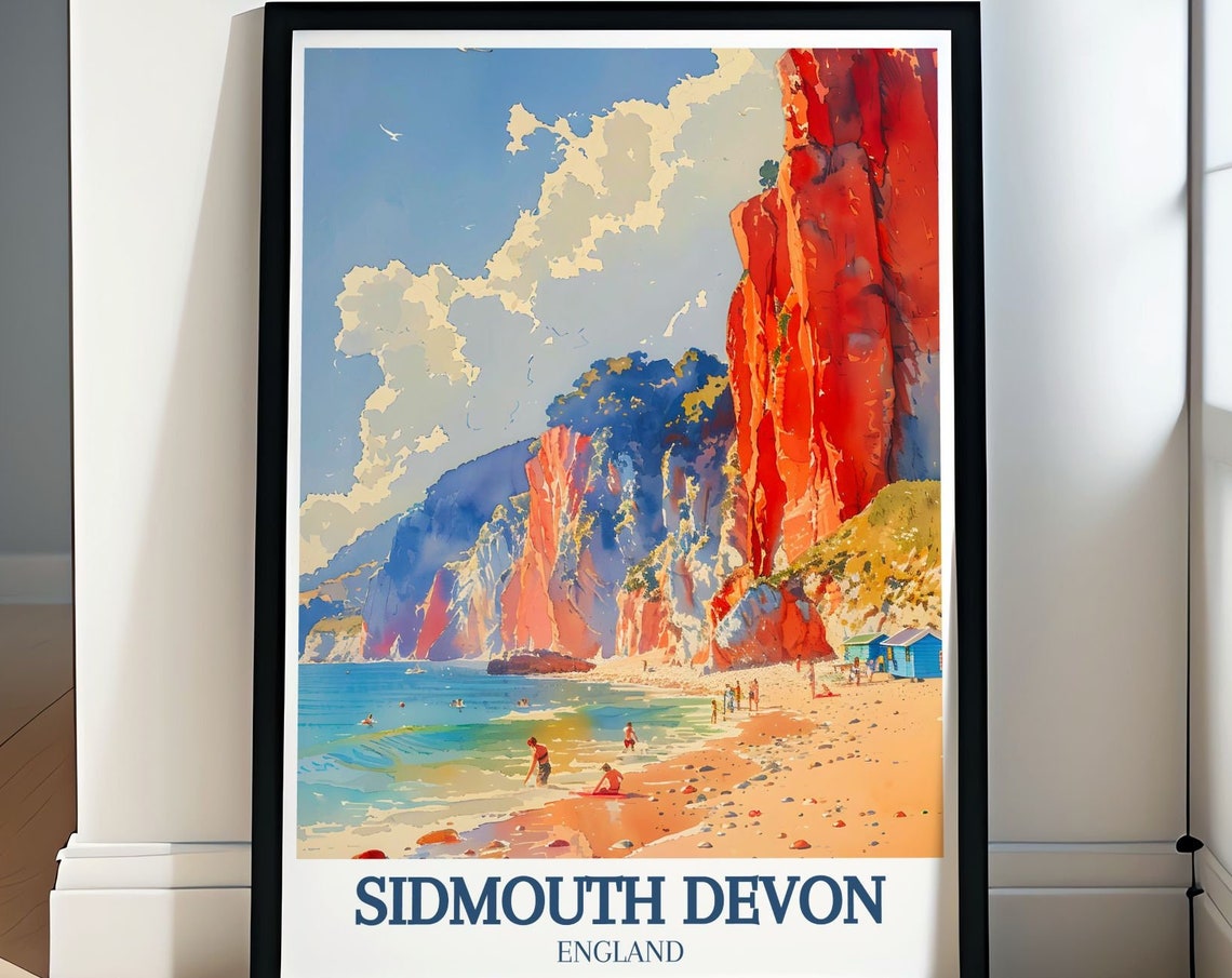 Sidmouth Devon Red Cliffs Beach Huts Watercolor Seaside Poster