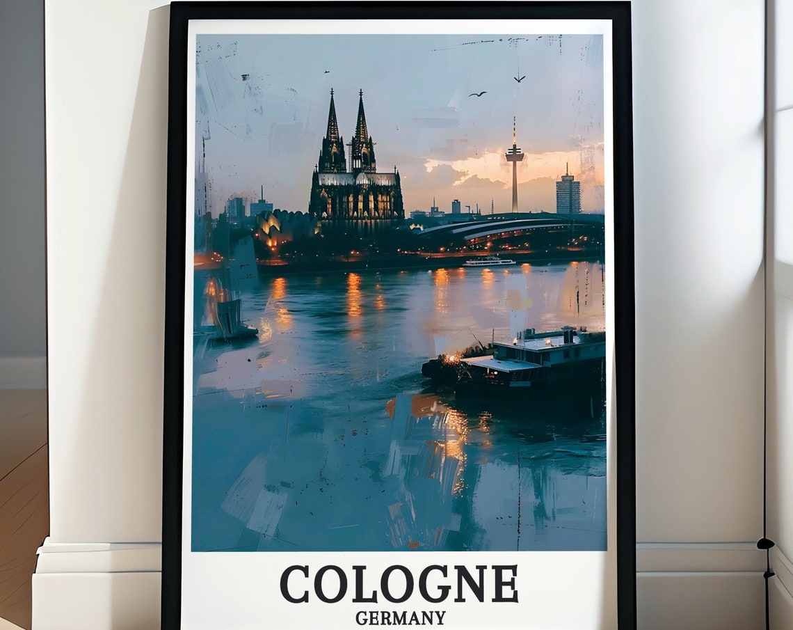 Cologne Cathedral and Rhine River Dusk Skyline Evening Poster