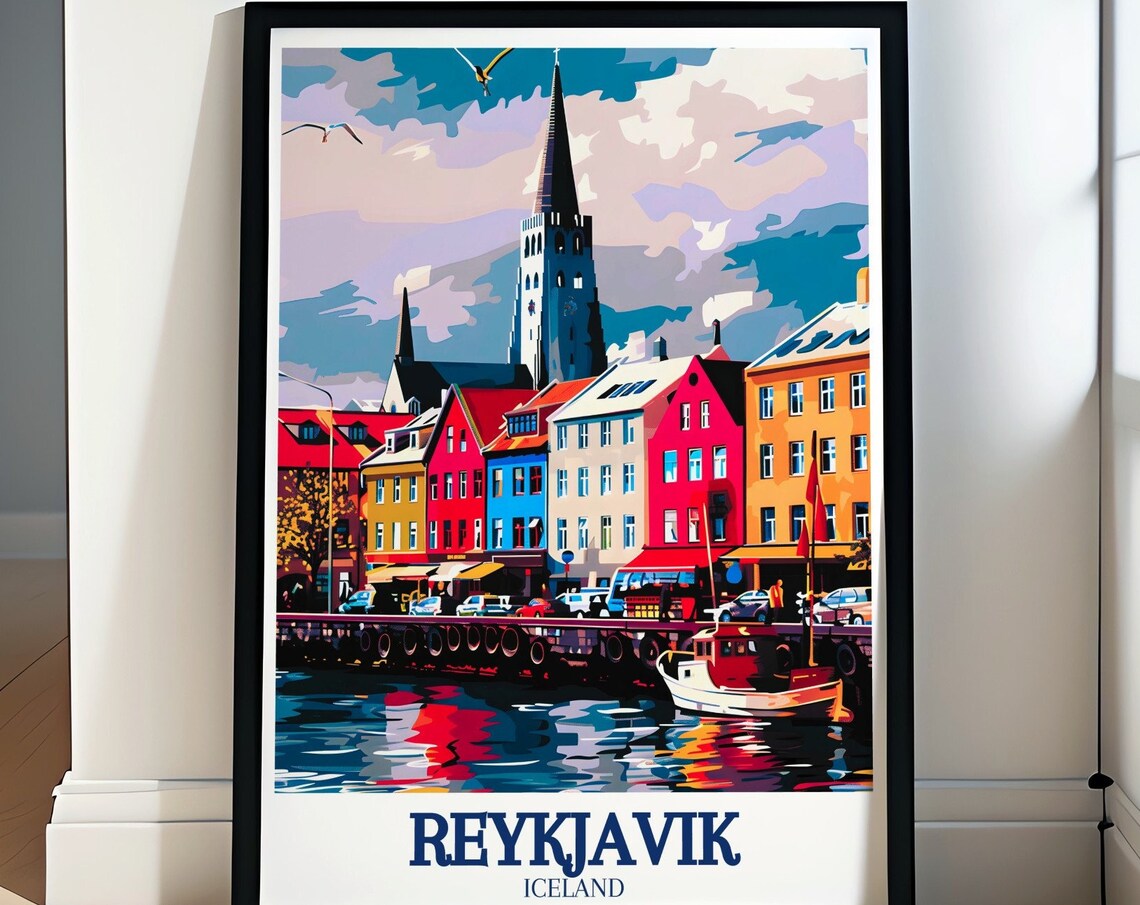 Reykjavik Waterfront with Hallgrimskirkja Church Colorful Retro Poster