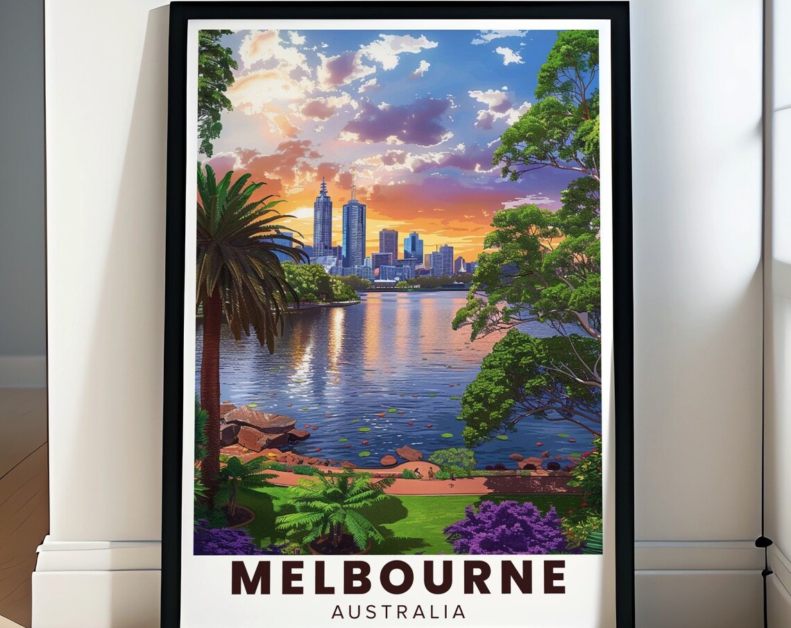 Melbourne Australia Royal Botanic Gardens Lake Sunset Travel Poster
