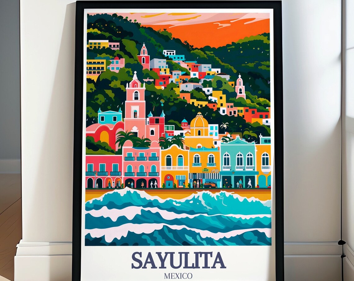 Sayulita Mexico Colorful Hillside Town Surf Waves Travel Poster