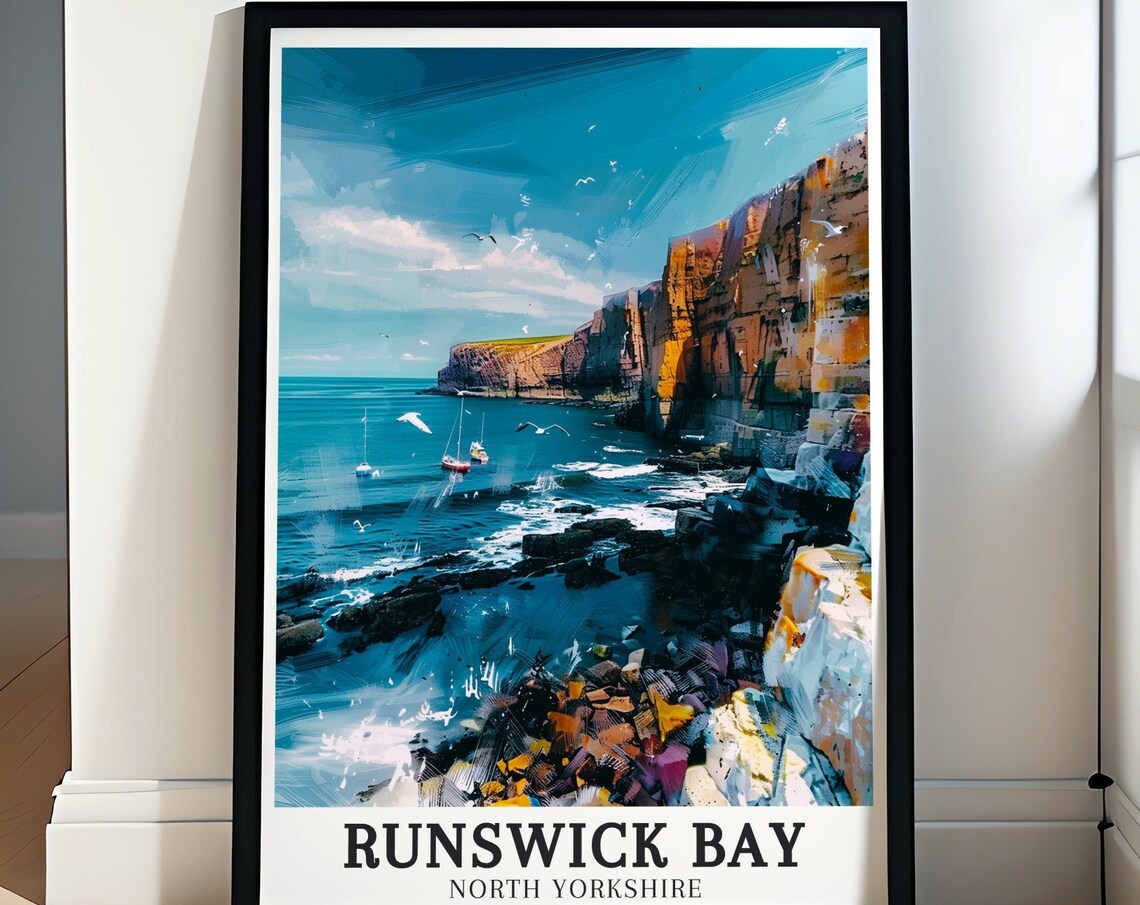Runswick Bay Sea Cliffs and Fishing Boats Harbor View Poster