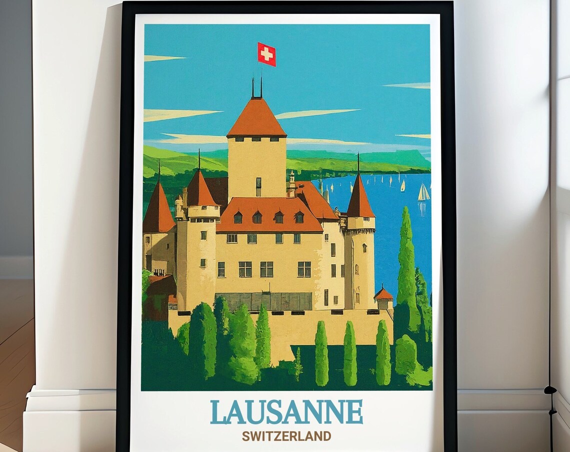 Lausanne Switzerland Chateau Ouchy Castle Lake Geneva Flag Poster