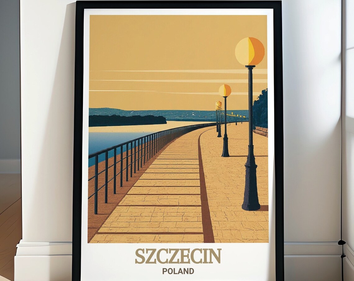 Szczecin Poland Golden Riverside Promenade At Dusk Travel Poster