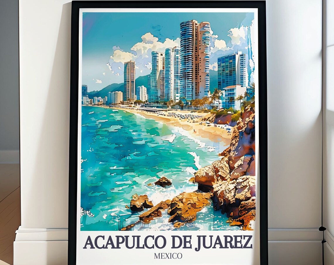Acapulco Mexico Watercolor Rocky Coast Towers Retro Travel Poster