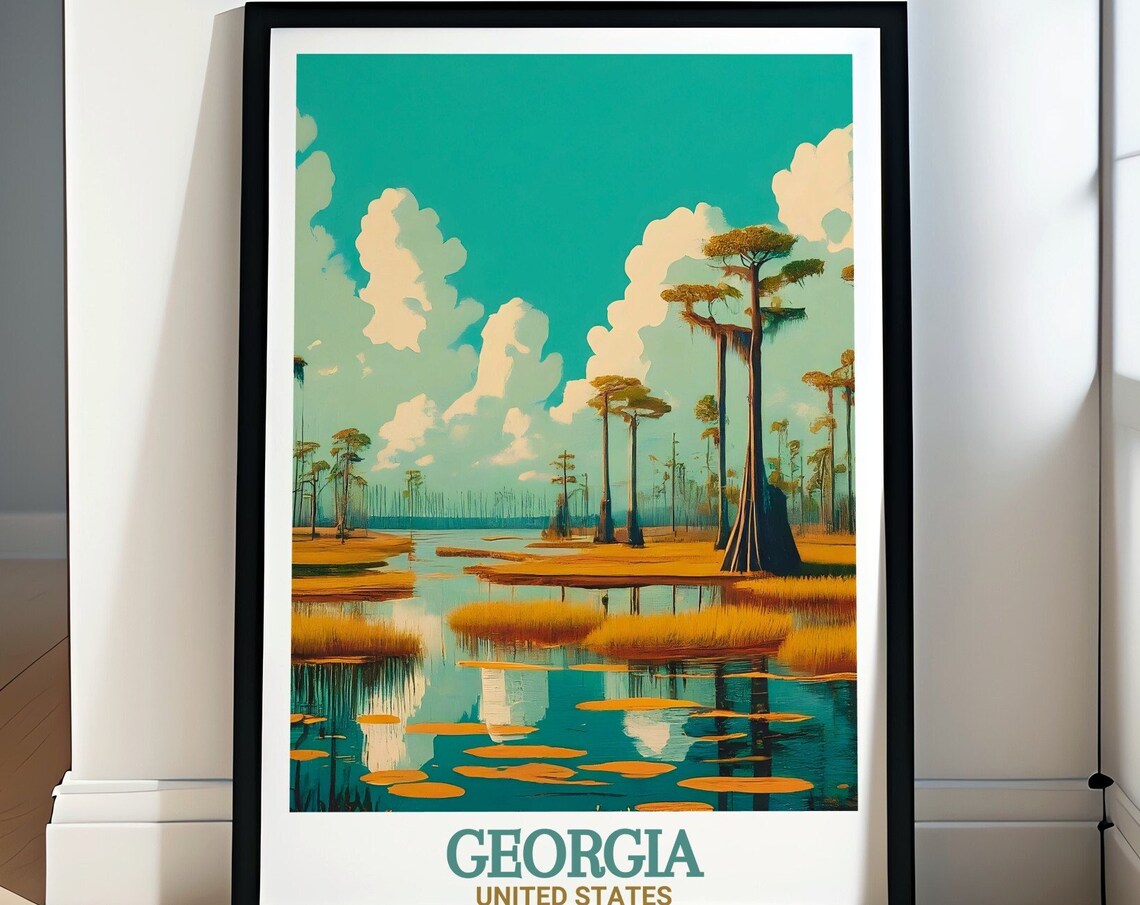 Okefenokee Swamp Cypress Wetlands Under Teal Sky Travel Poster