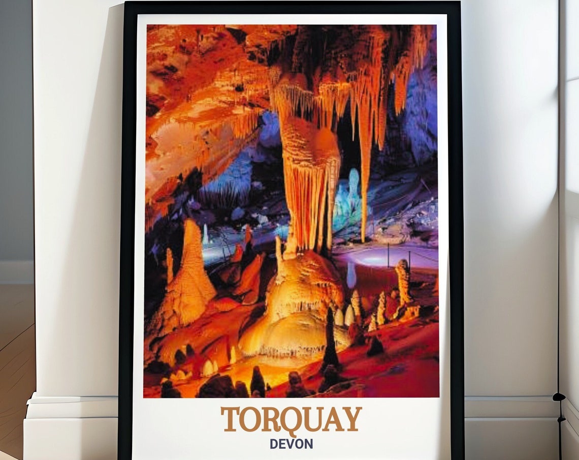 Torquay Devon Kents Cavern Illuminated Stalactites Cave Travel Poster