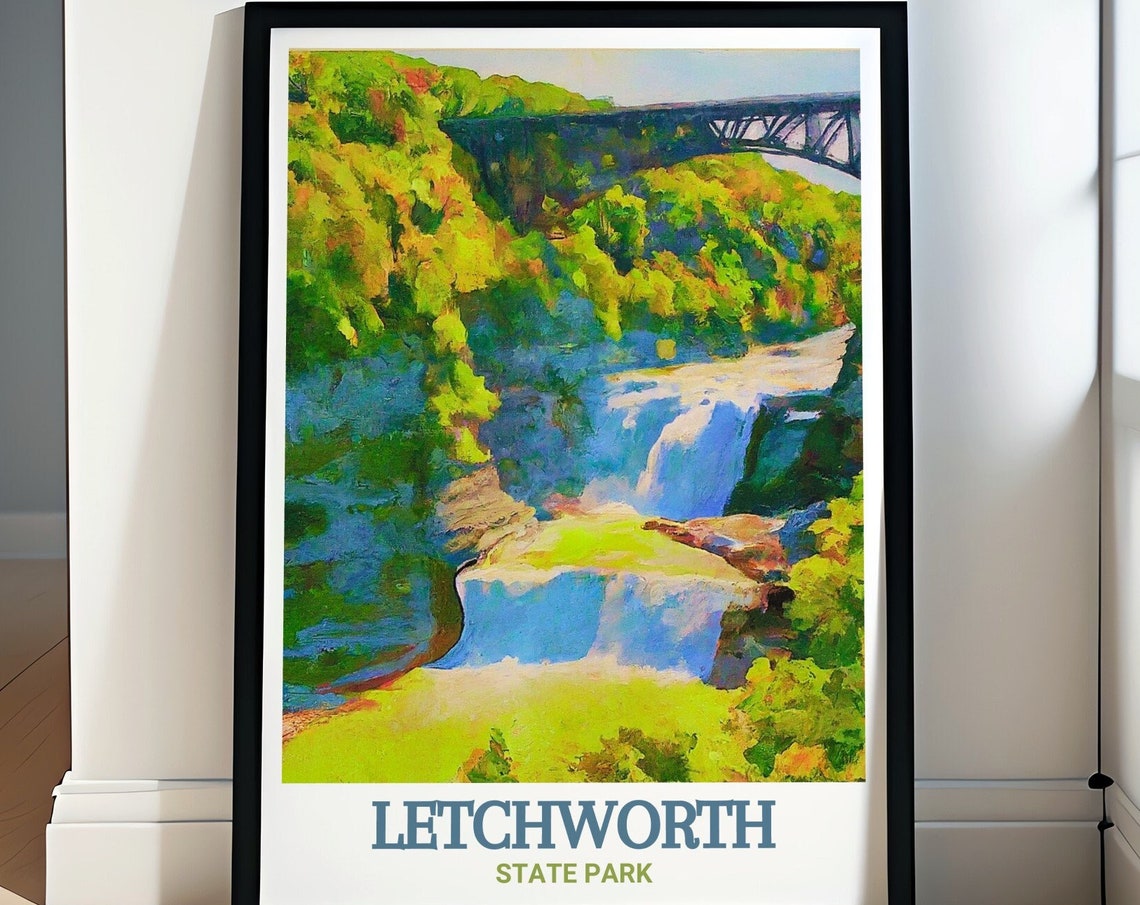 Letchworth State Park Falls with Rail Bridge Scenic Nature Poster