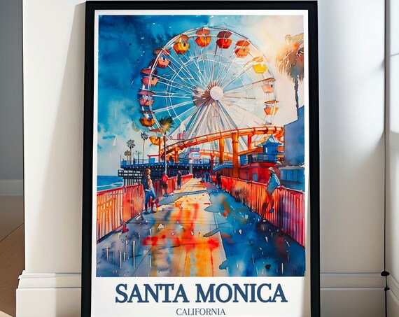 Santa Monica California Pier Ferris Wheel Watercolor Travel Poster