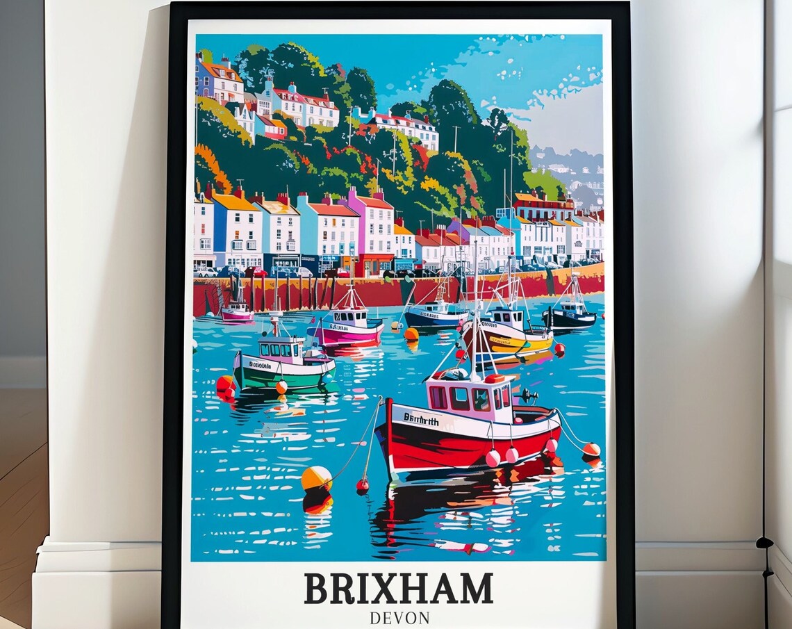 Brixham Devon Fishing Boats Waterfront Town England Travel Poster