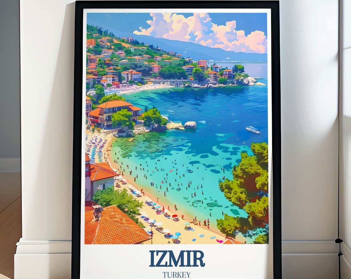 Izmir Turkey Curved Beach Bay with Turquoise Waters Travel Poster