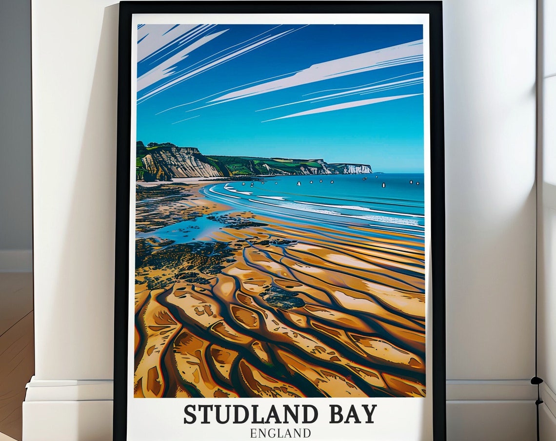 Studland Bay Middle Beach Low Tide Ripples Cliffs Travel Poster