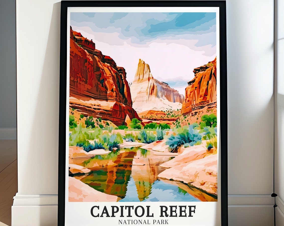 Capitol Reef Canyon Red Cliffs Water Reflection National Park Poster