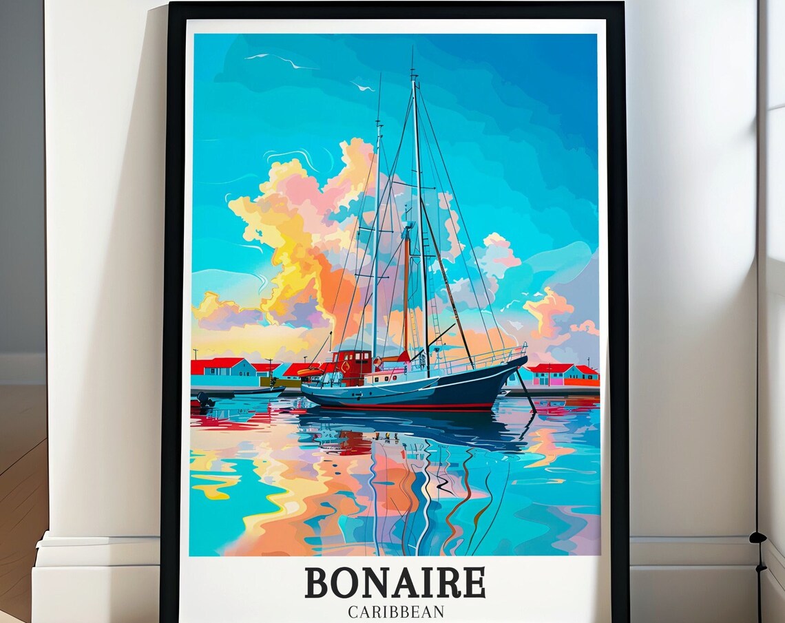 Bonaire Kralendijk Harbor Sailboat at Glowing Sunset Art Poster