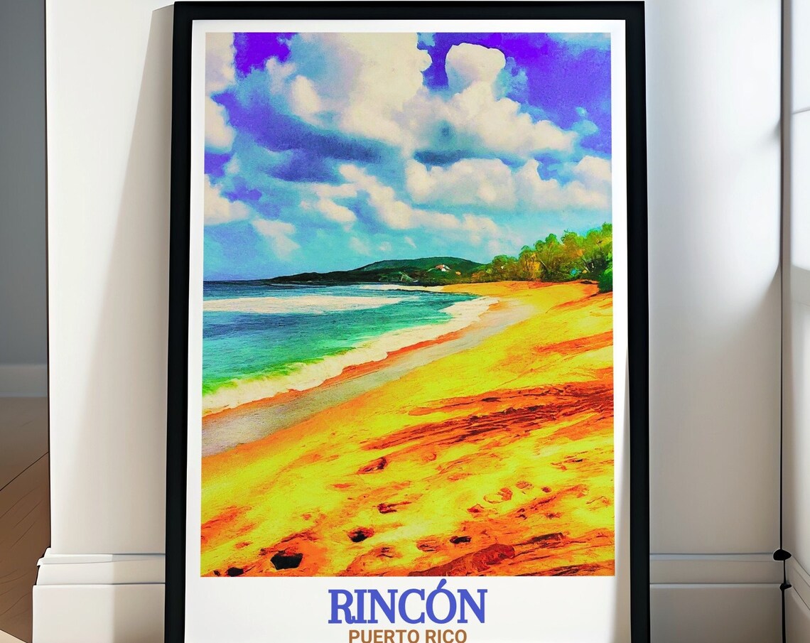 Rincon Puerto Rico Golden Sand Beach Watercolor Waves Art Poster