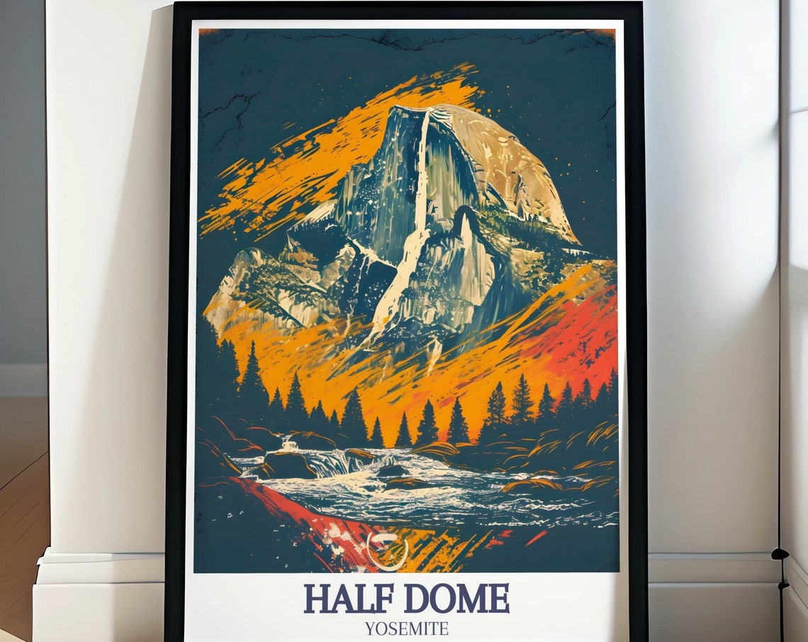 Yosemite Half Dome Waterfall River Sunset Vintage Style Poster
