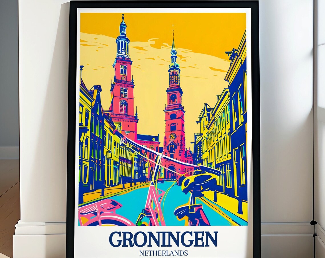 Groningen Netherlands Pop Art Street Scene with Historic Towers Poster