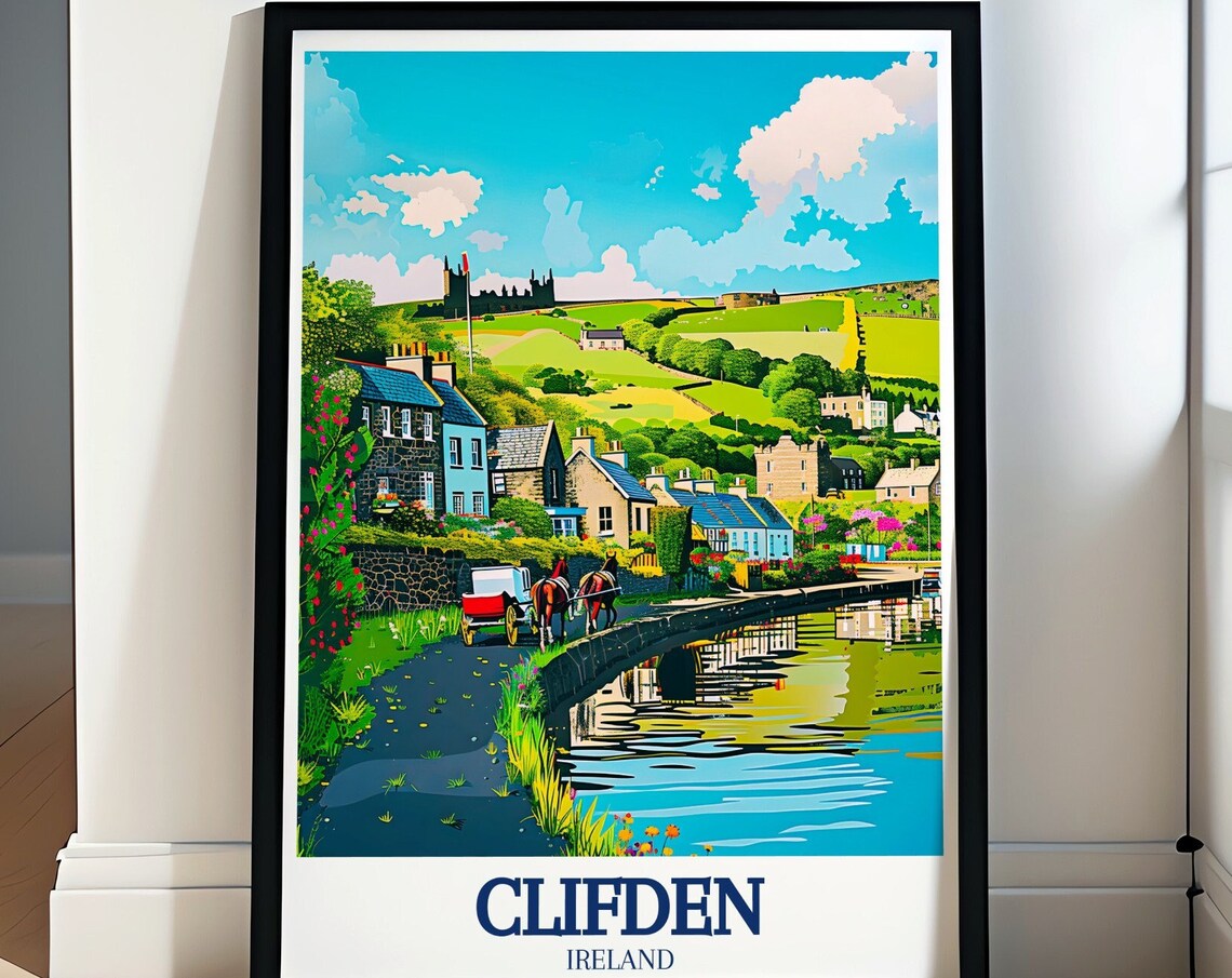 Clifden Ireland Horse Carriage Riverside Village Scene Travel Poster