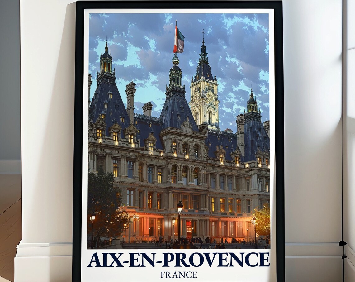 Aix-en-Provence Hotel de Ville Evening Illuminated Travel Poster