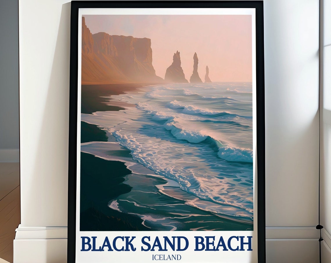 Iceland Black Sand Beach Sunset Poster Golden Waves Nordic Decor