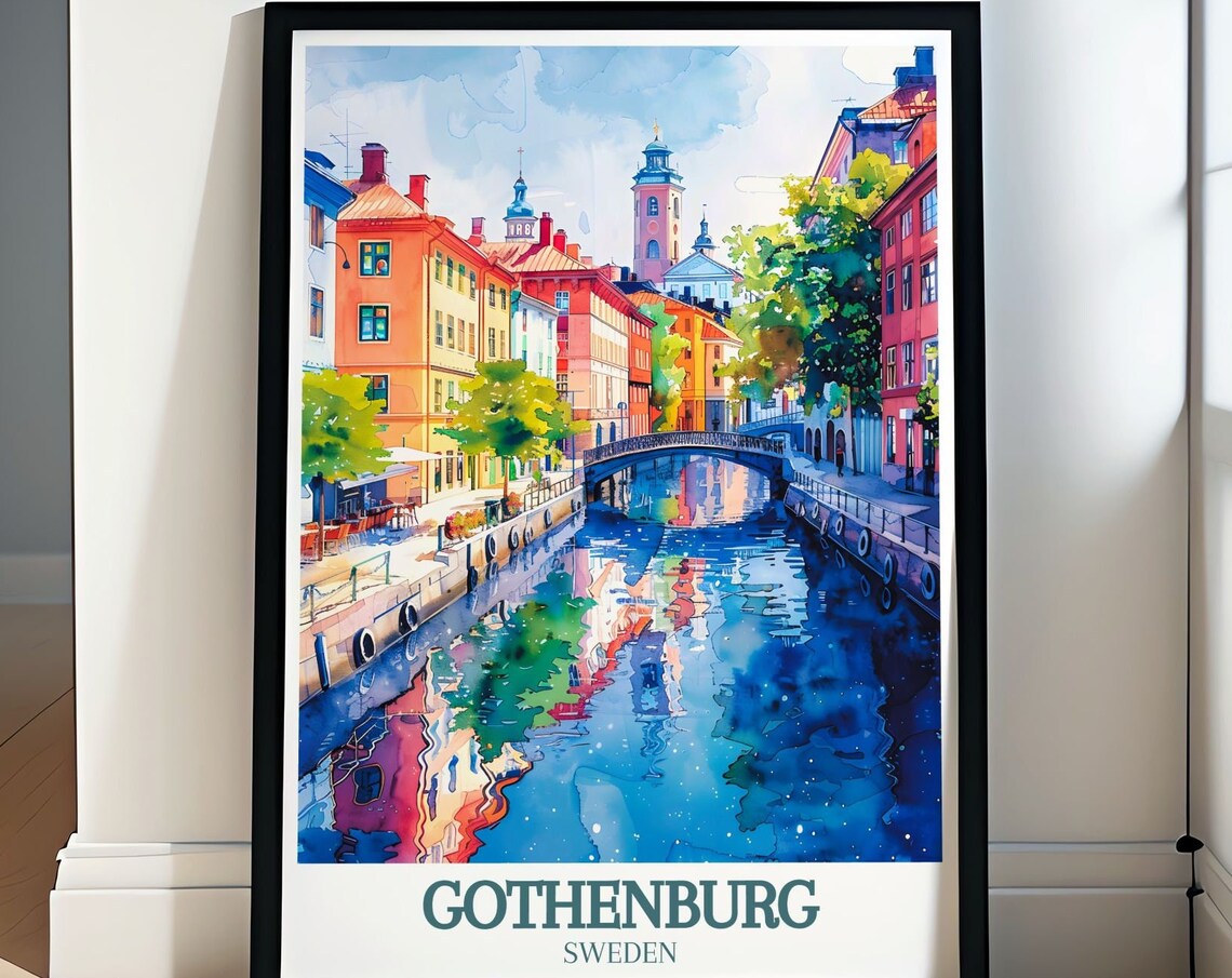Gothenburg Sweden Canal Bridge Watercolor City View Travel Poster