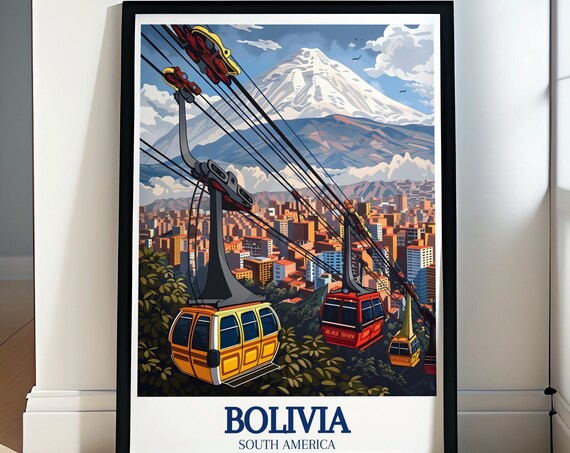 Bolivia La Paz Cable Cars Illimani Mountain City Travel Poster
