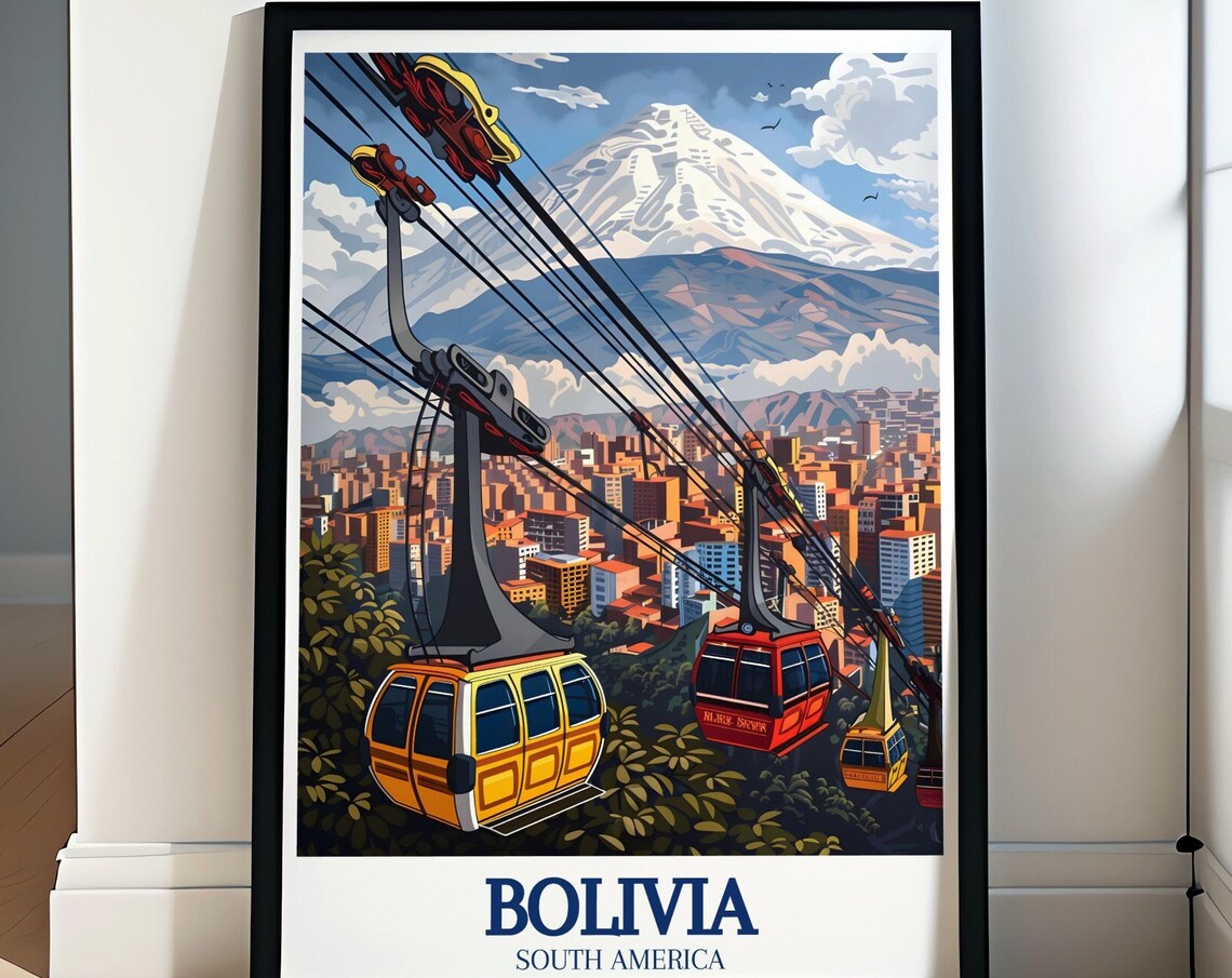 Bolivia La Paz Cable Cars Illimani Mountain City Travel Poster
