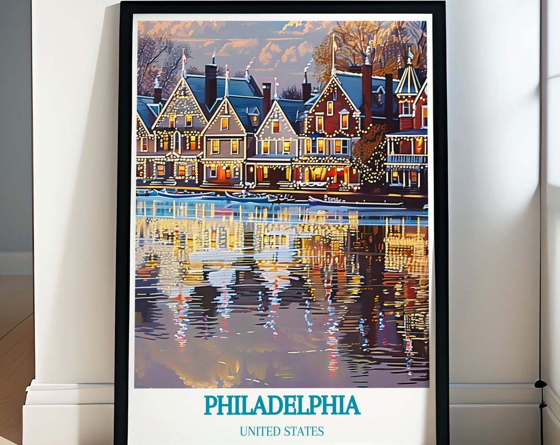 Philadelphia Boathouse Row Evening Lights Reflection Travel Poster