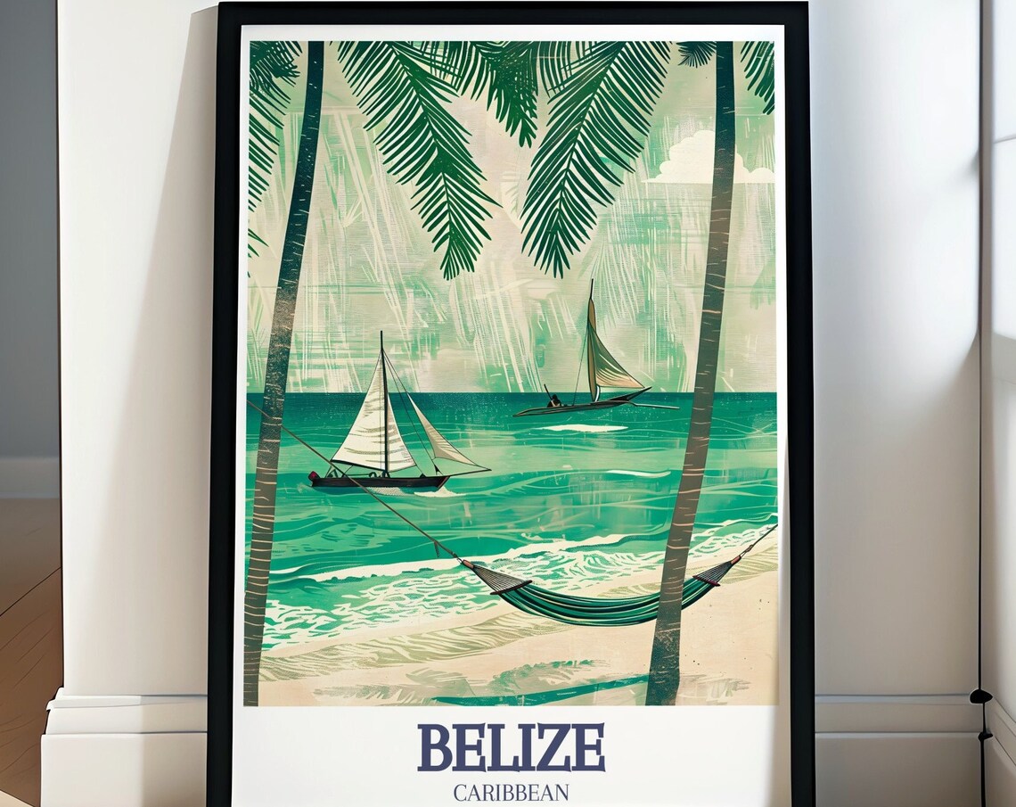 Belize Caribbean Beach Palm Hammock Sailboats Tropical Poster