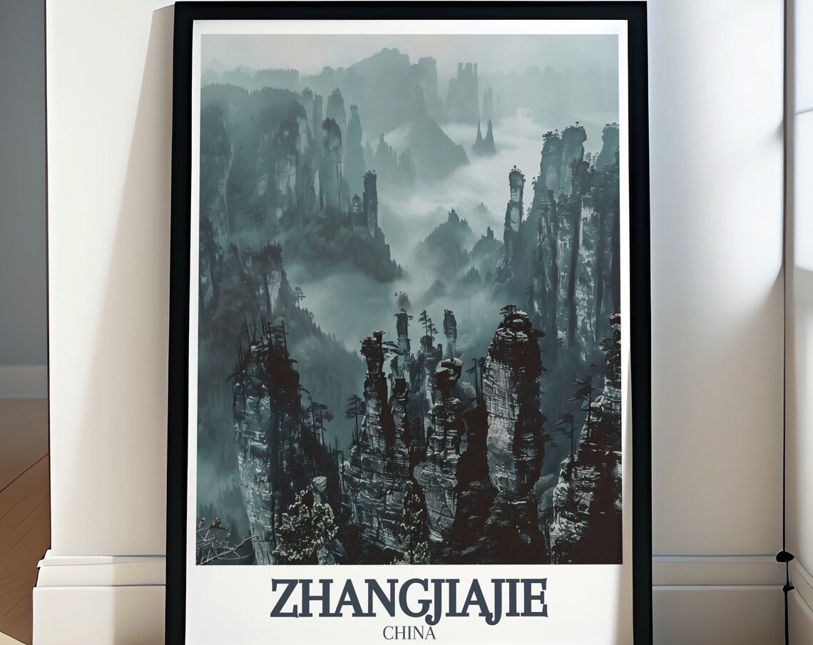 Zhangjiajie China Fog Shrouded Stone Pillars Monochrome Travel Poster