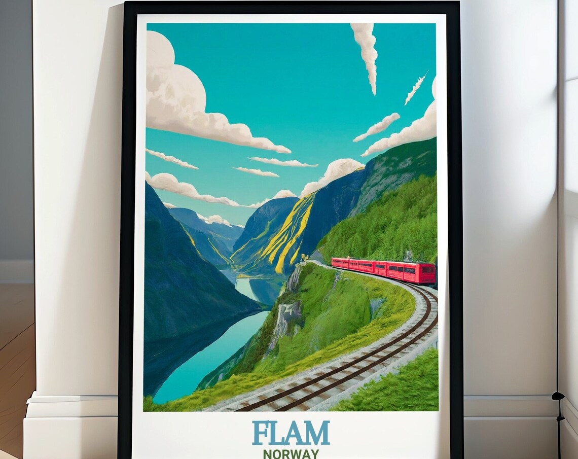 Flam Flamsbana Red Train Mountain Fjord Norway Travel Poster